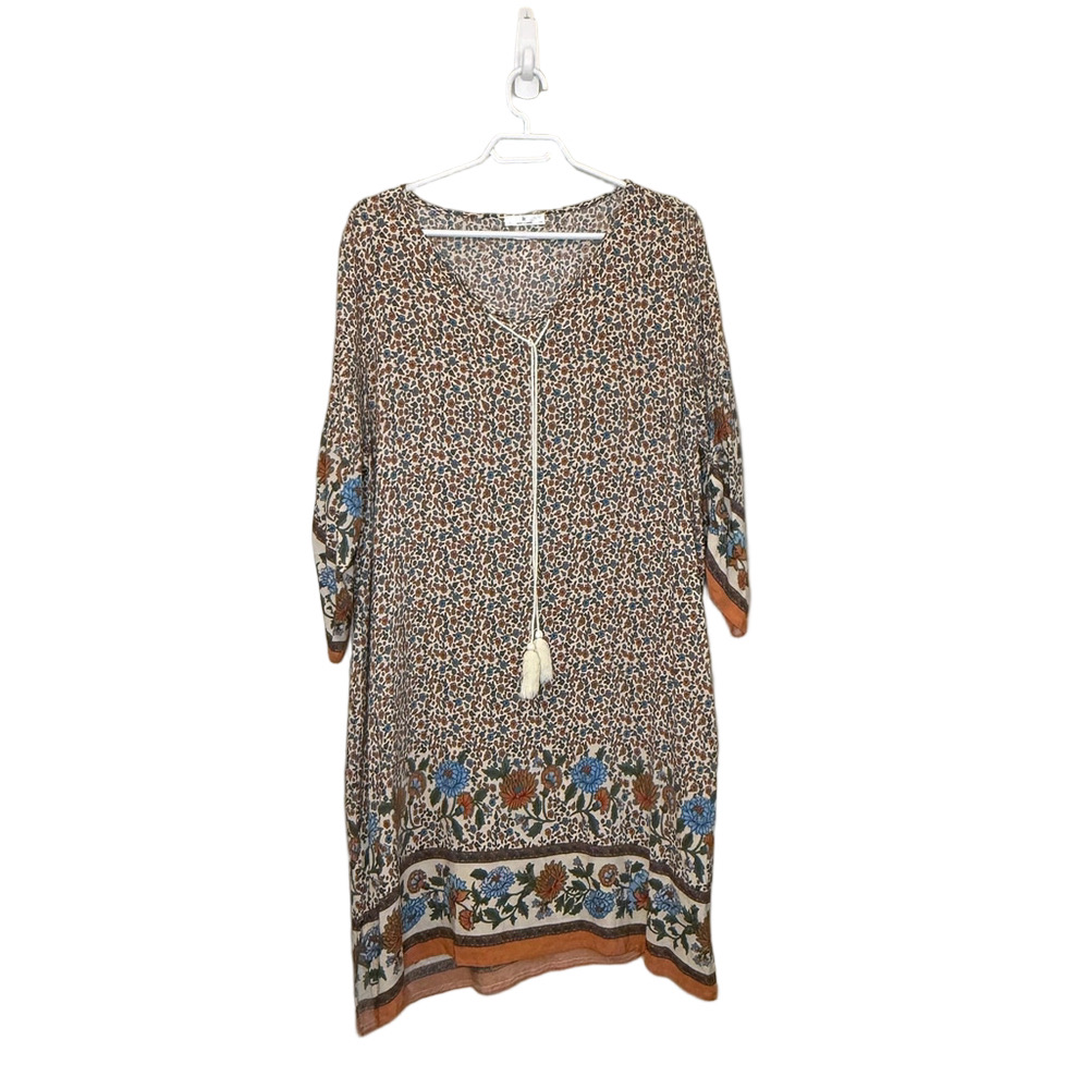 Dress Womens M Multicolor Floral Shift V-Neck 3/4 Sleeve‎ Tie Casual Boho